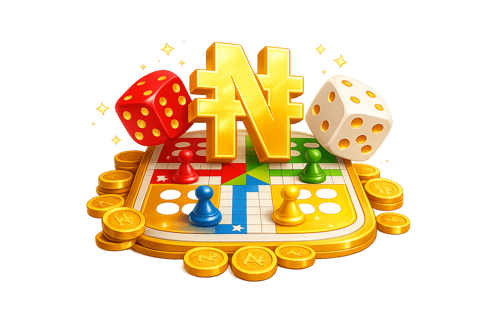 3D ludo board with dice, gold coins and the naira symbol